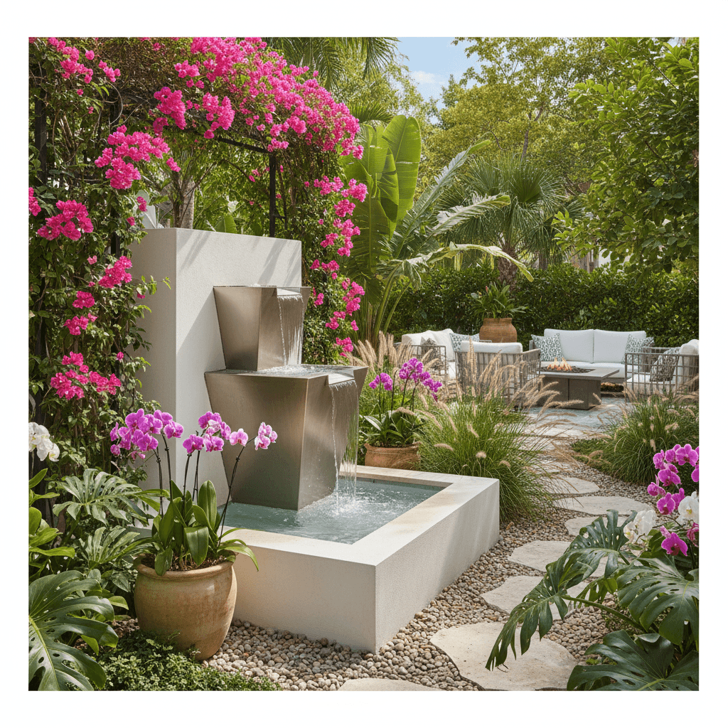 Solar fountain and garden décor in landscaped outdoor setting