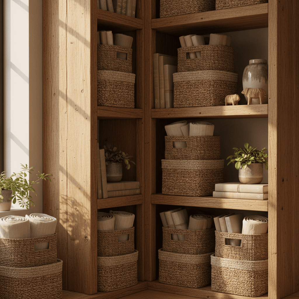Storage baskets and shelving with organized home items