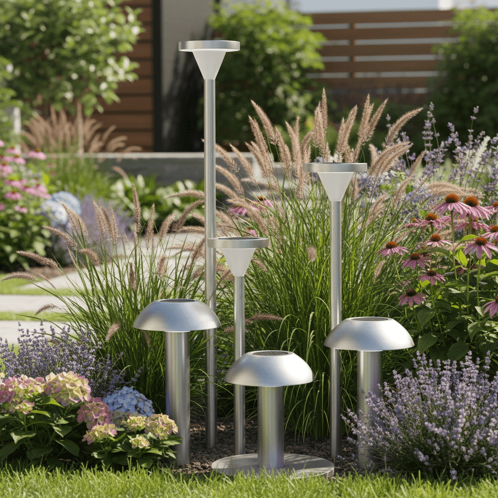 Solar garden lights among flowering plants and ornamental grasses