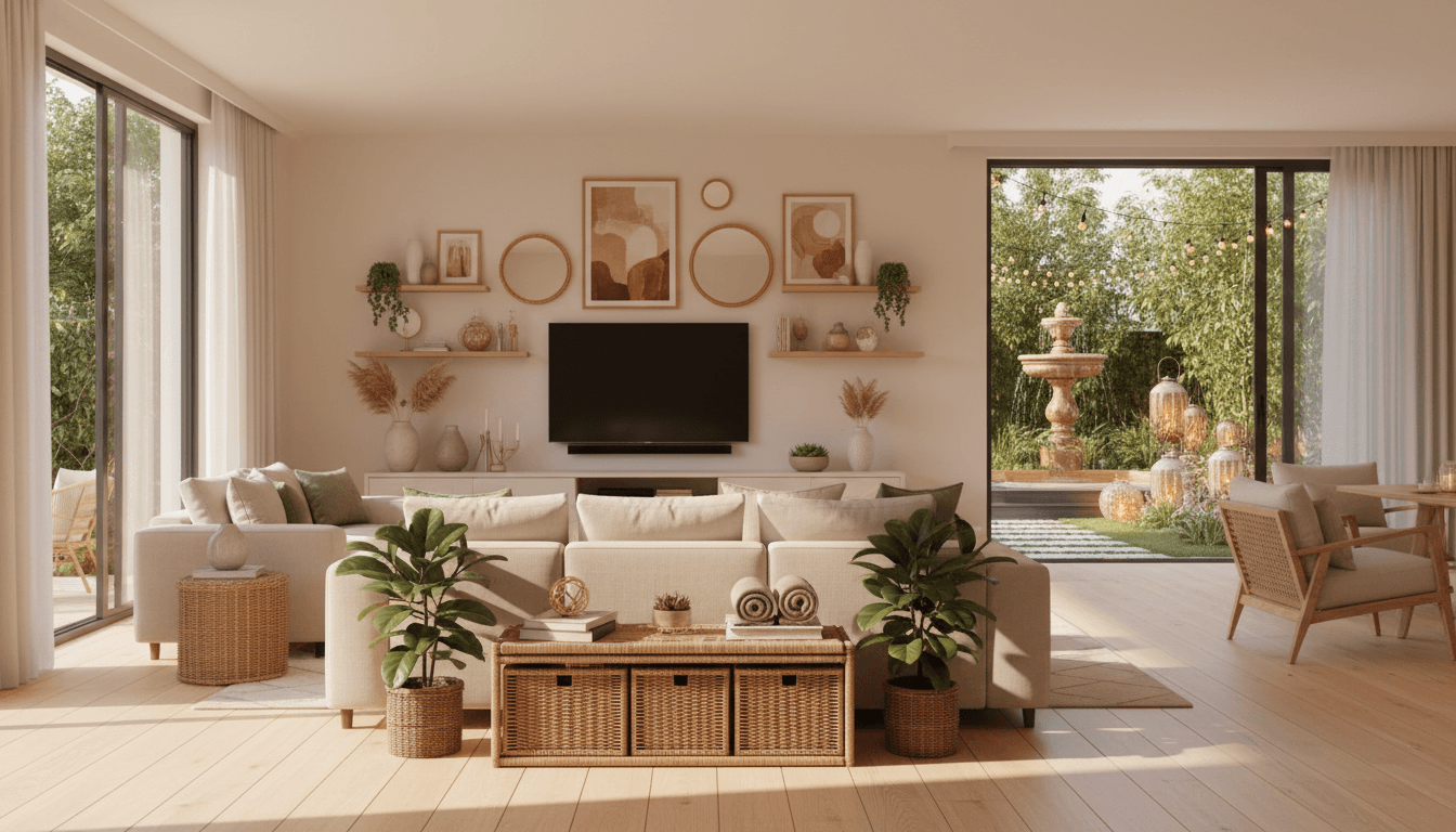 Modern home interior with decorative accessories and garden space visible through glass doors