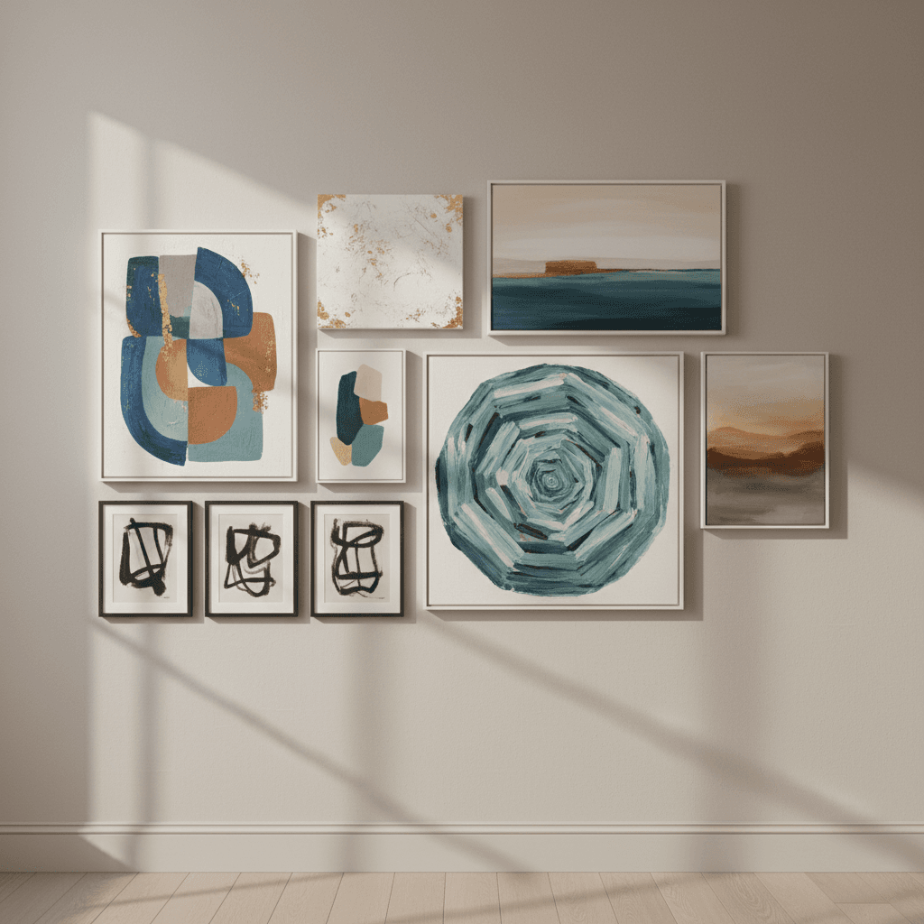 Modern abstract wall art gallery arrangement in entryway