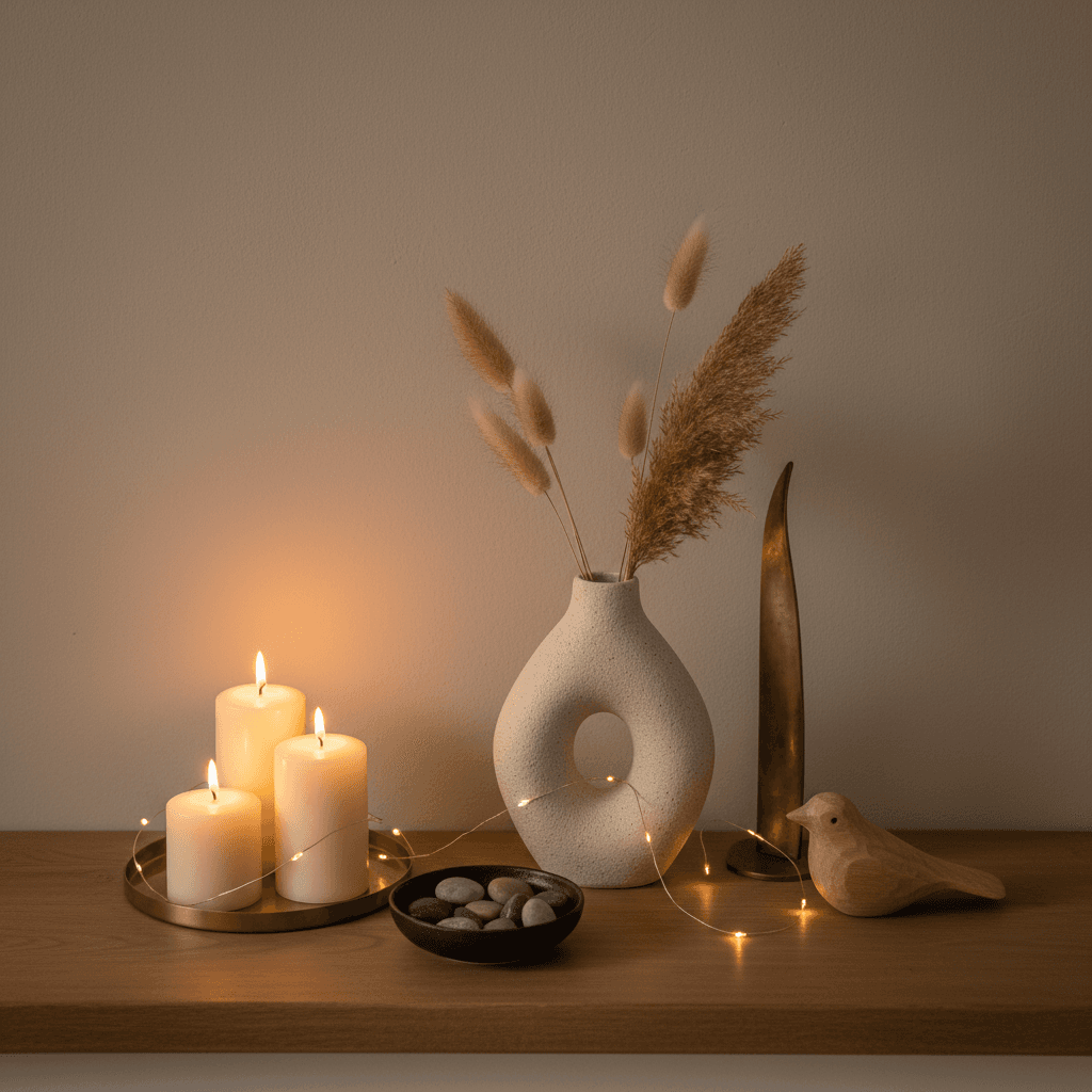 Styled shelf display with ceramic vases and decorative candles