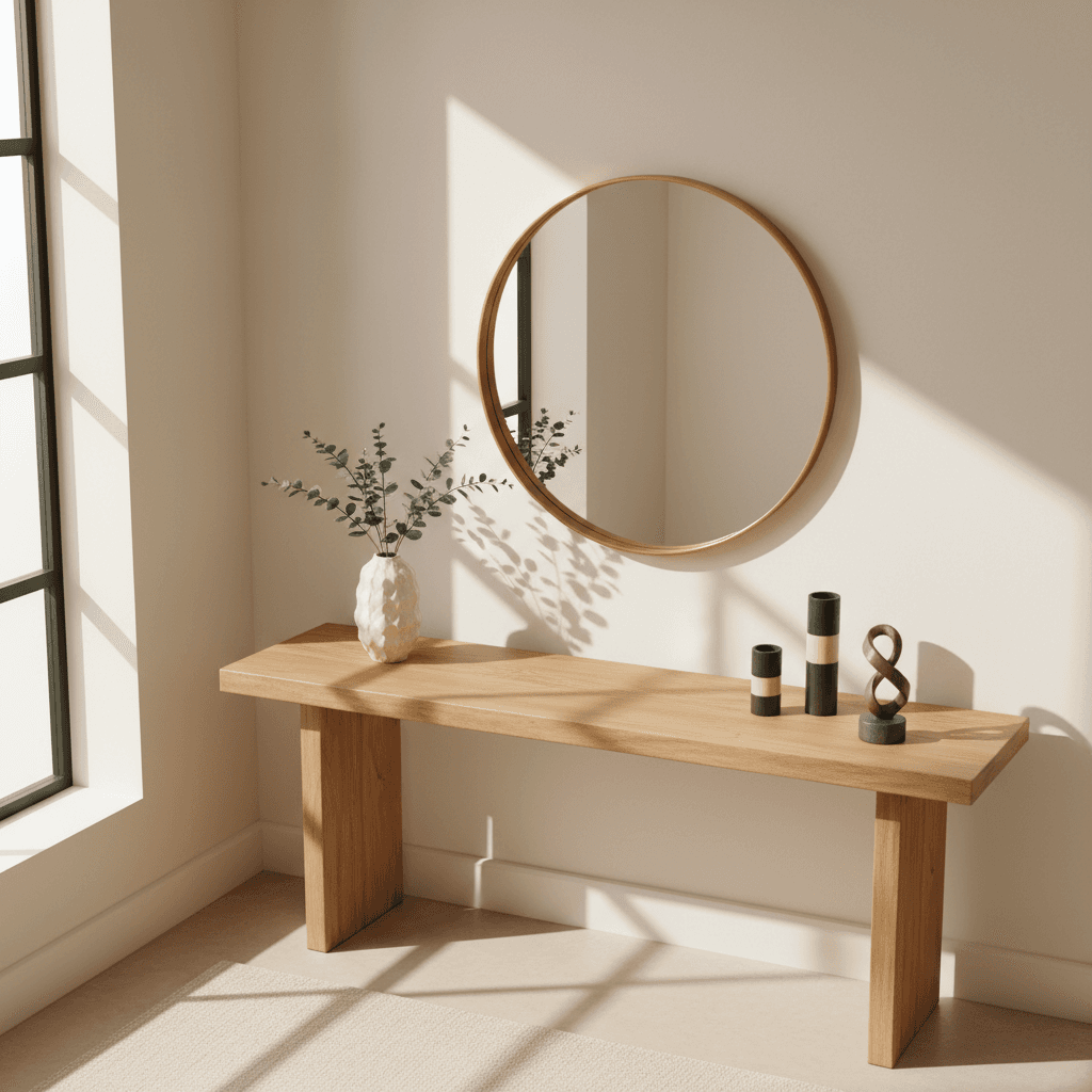 Modern wall mirror and decorative accessories on wooden console