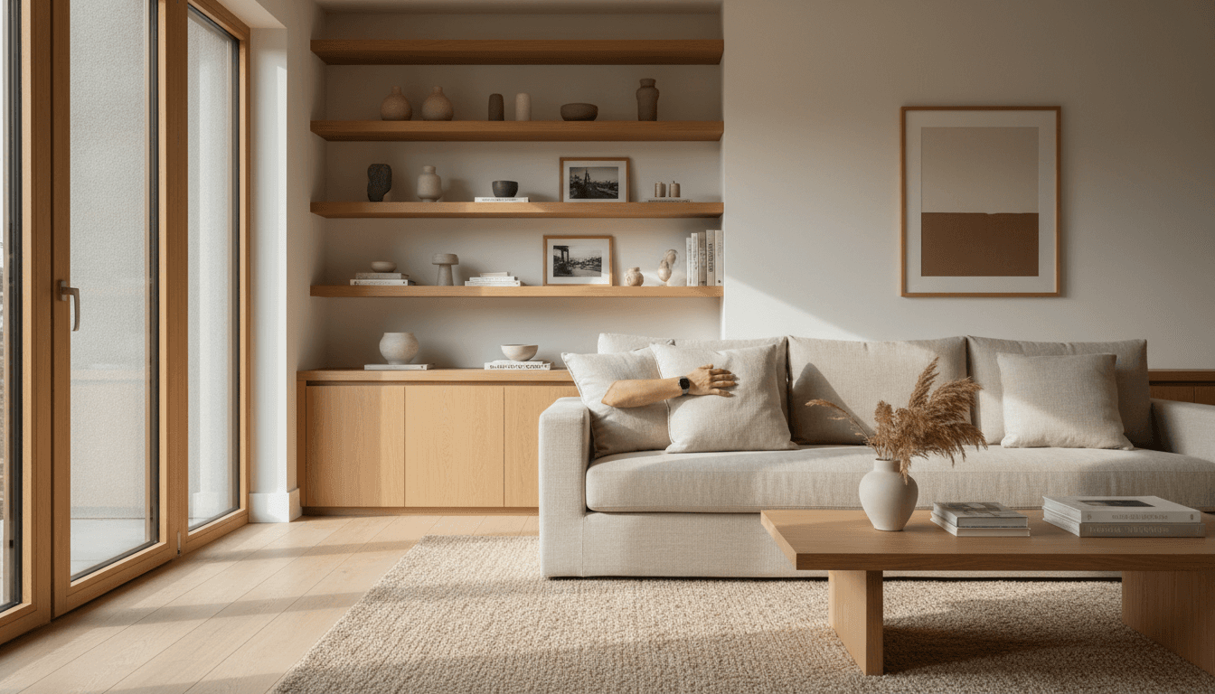 Customer styling home decor pieces in a modern living space