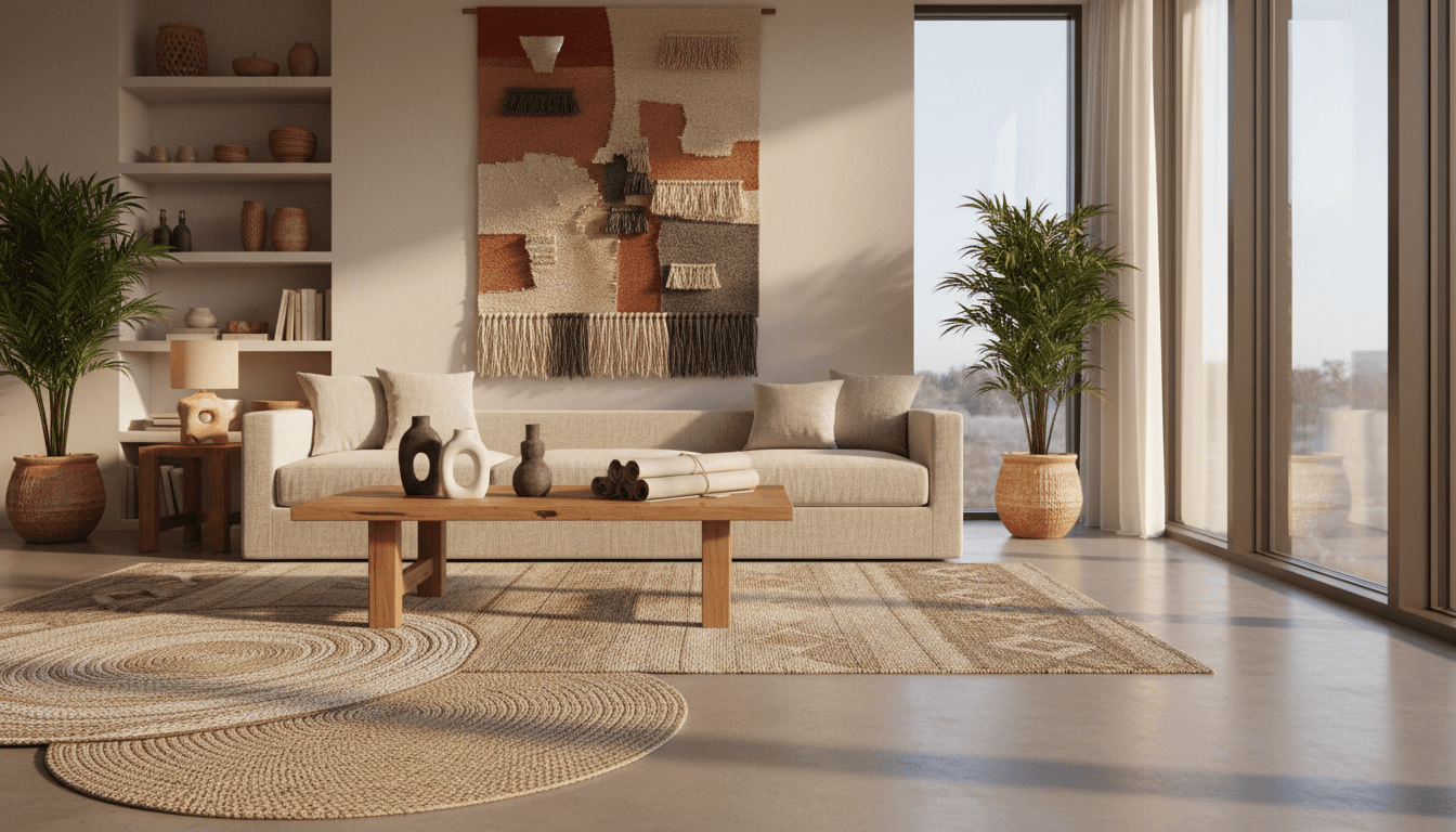 Beautifully styled modern living room featuring Litecron home décor pieces including mirrors, vases, and storage solutions with natural lighting