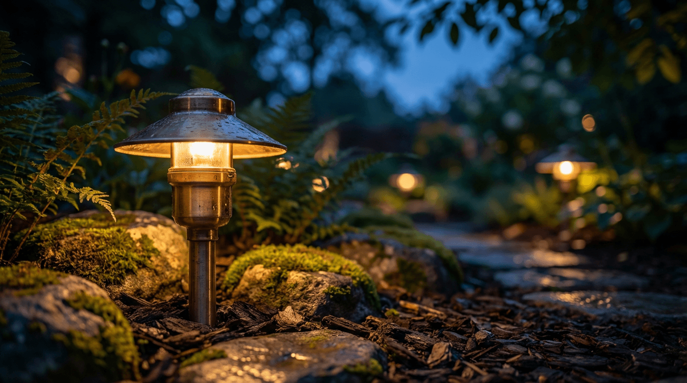 Solar garden lights illuminating a pathway at dusk